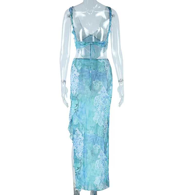 סט שני חלקים בהדפס טרופי טופ וחצאית מקסי מלמלה בעיצוב שסע - MAYA