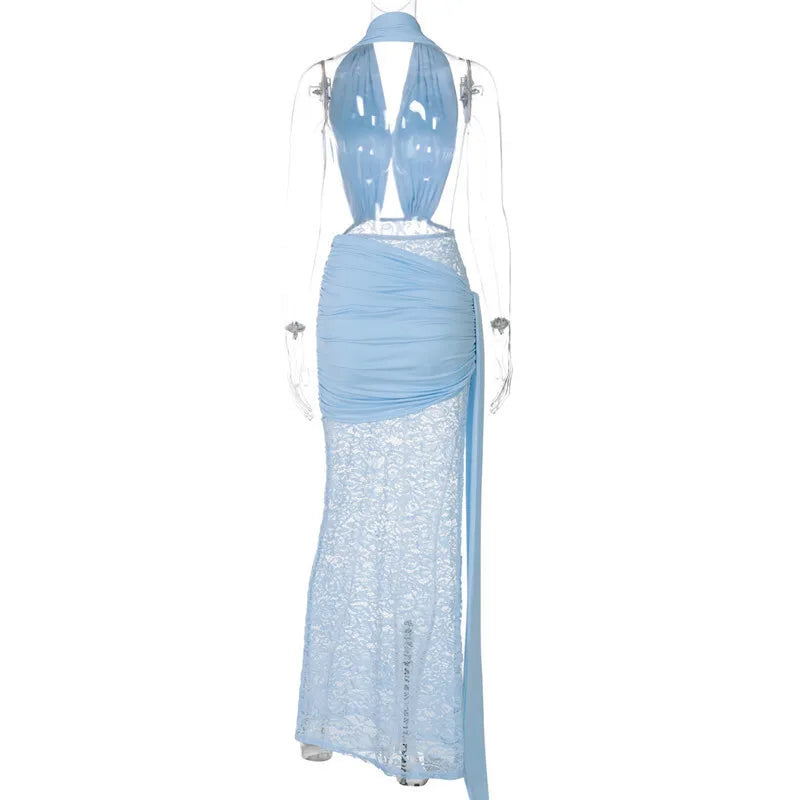 שמלת מקסי כיווצים בעיצוב גב פתוח ומחשוף עמוק בעיטור תחרה ושובל - מריאל