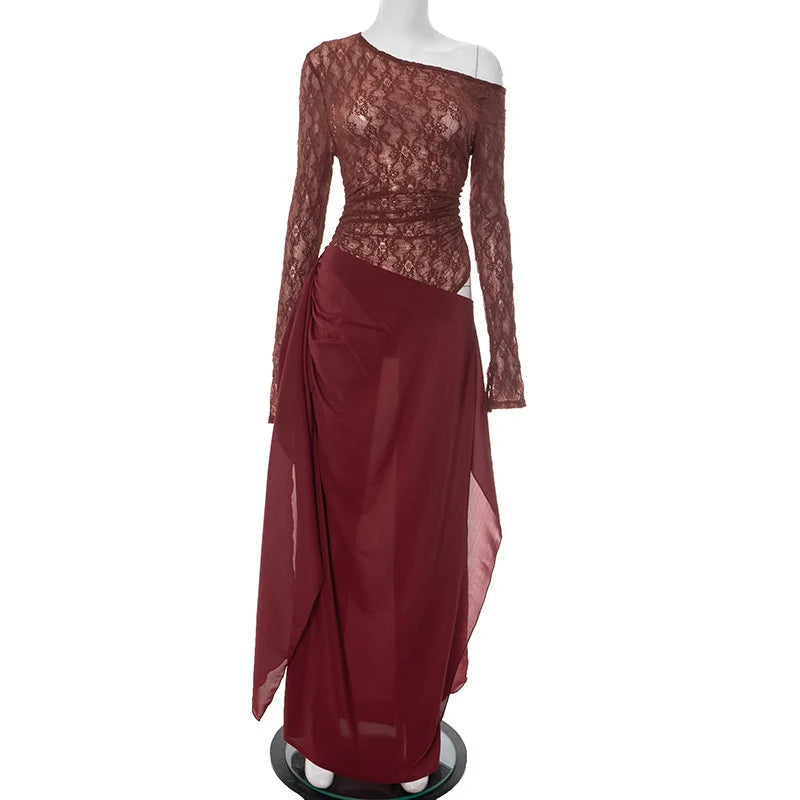 שמלת מקסי בעיצוב שסע ותחרה בעיטור קשירה - WINE