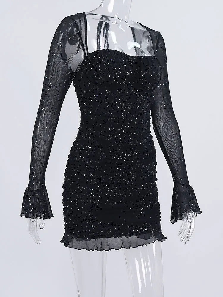 שמלת מיני נצנצים שרוולים בעיצוב רשת גב פתוח - סיסי