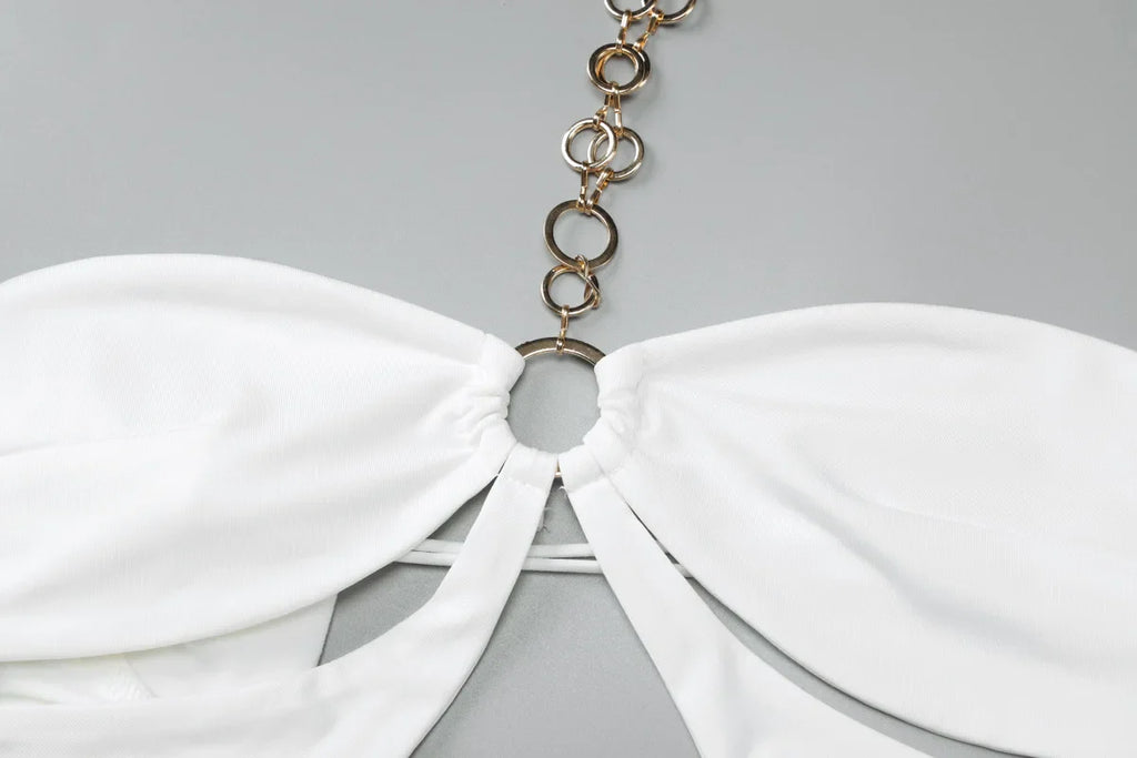 שמלת מקסי קולר בעיצוב פתחים וחישוקי זהב כתפיים חשופות - Alma