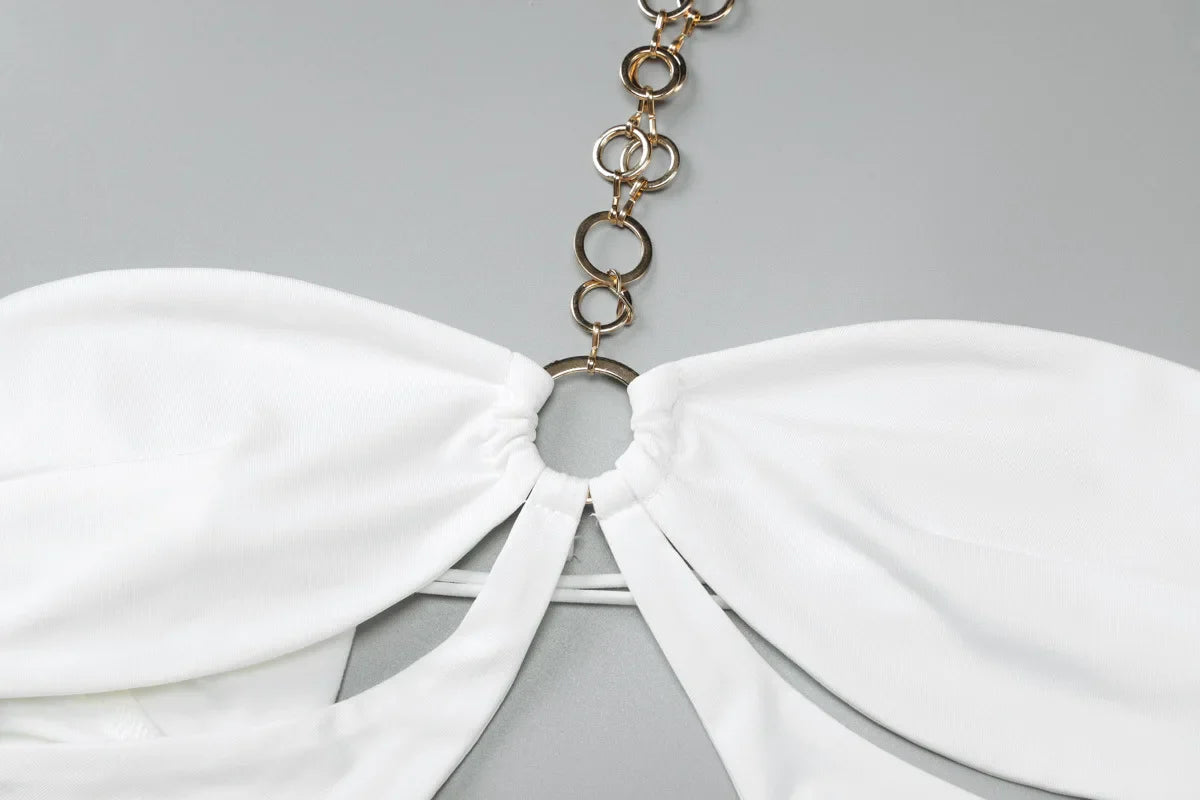 שמלת מקסי קולר בעיצוב פתחים וחישוקי זהב כתפיים חשופות - Alma