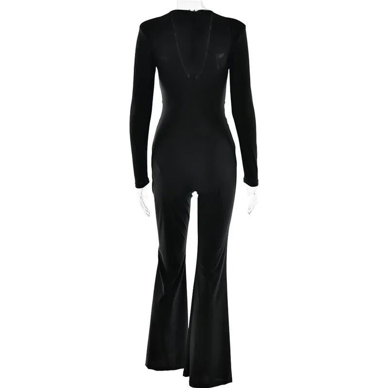 אוברול צמוד ארוך בד מחטב בעיצוב מחשוף V עמוק בעיטור קרוס - לייני