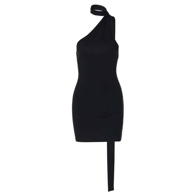 שמלת מיני גב פתוח צווארון אסימטרי בעיטור קשירה בצוואר - ריין