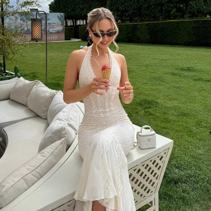 שמלת מקסי תחרה קשירה בצוואר גב פתוח - וונילה