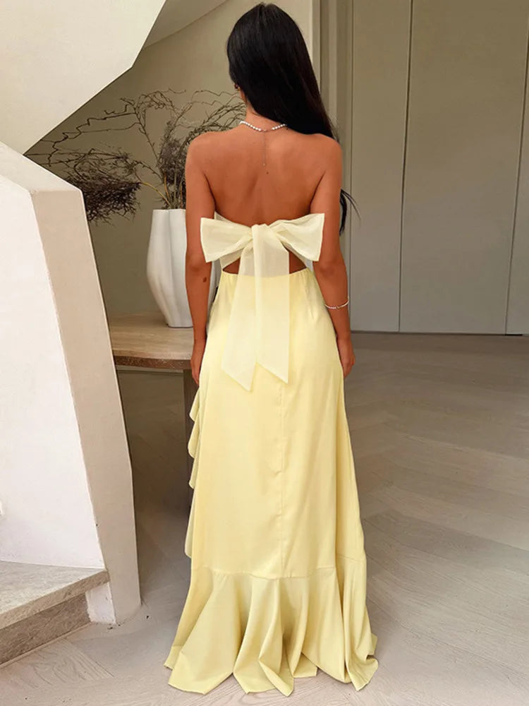 שמלת מקסי סטרפלס מלמלה בעיטור שסע קשירה בגב - ריקה