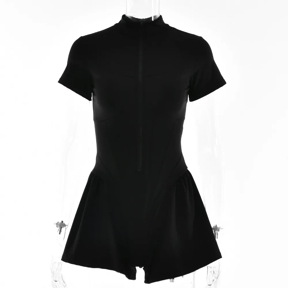 אוברול ספורטיבי קצר בגזר מחוך סגירת רוכסן קדמי - Averie