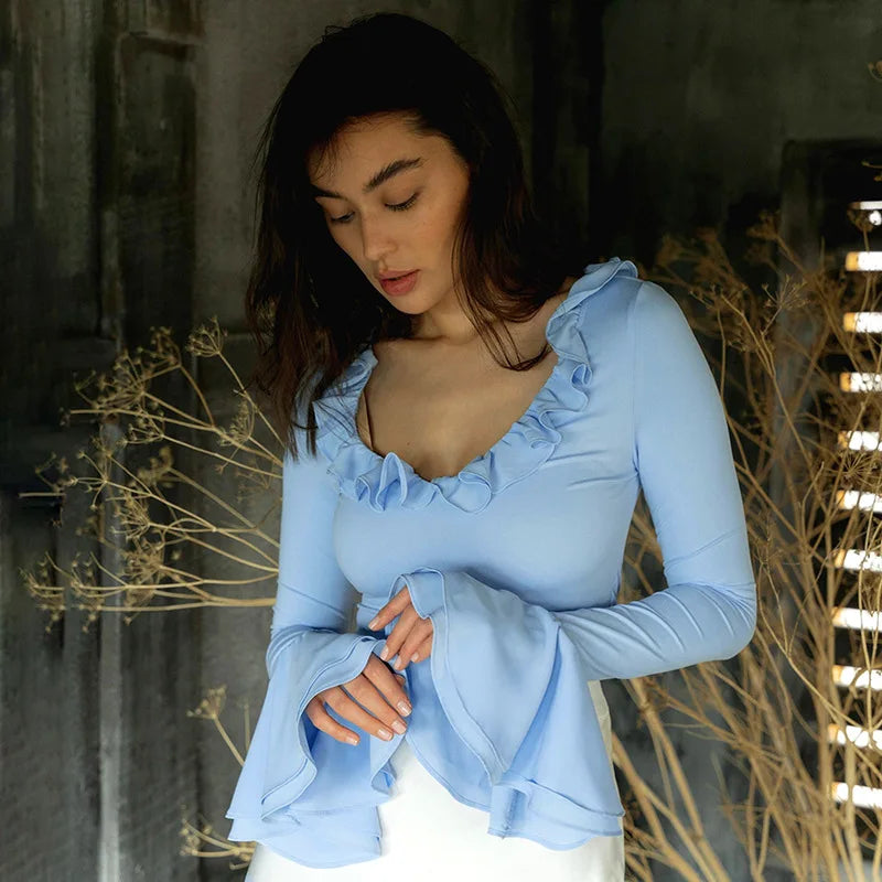 חולצת ראפלס שרוולי פעמון - גלי