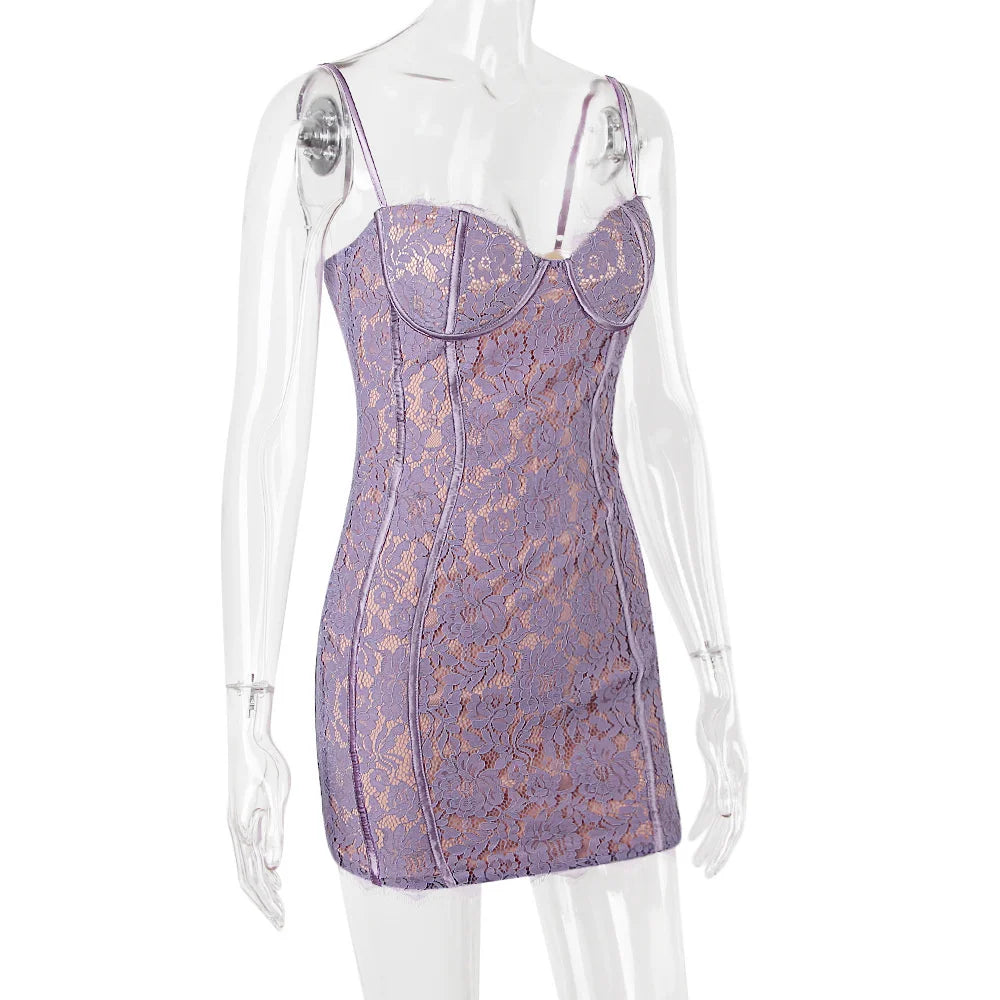 שמלת מיני תחרה בעיטור רקמת פרחים - פלורנסיה