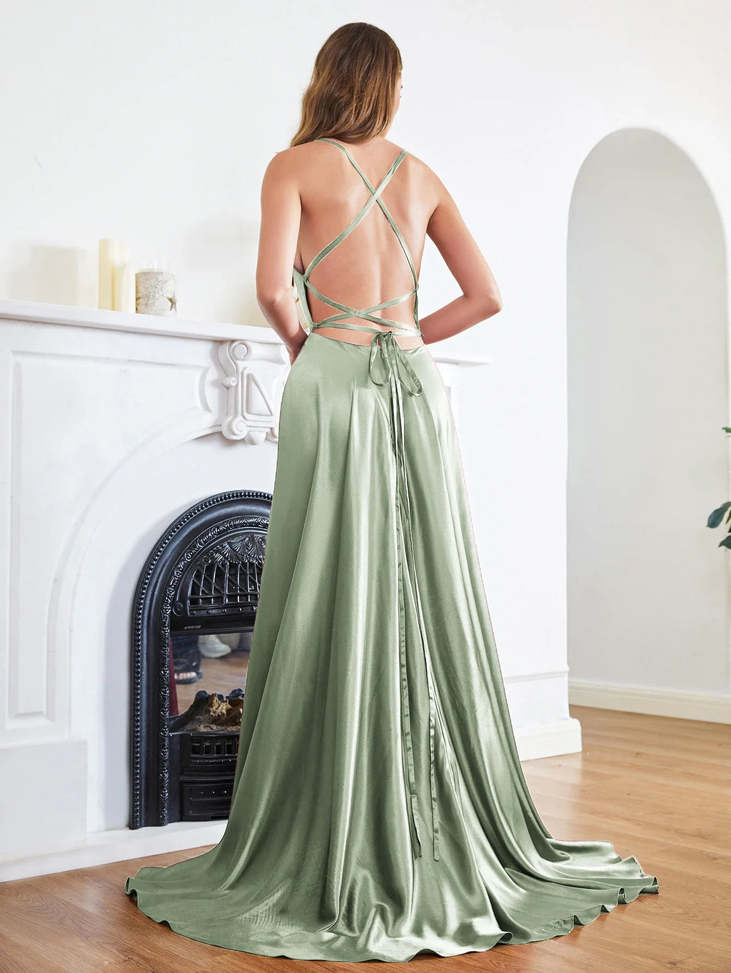 שמלת מקסי סאטן אלגנטית בעיטור שסע בגזרת A קשירה בגב - פרינס