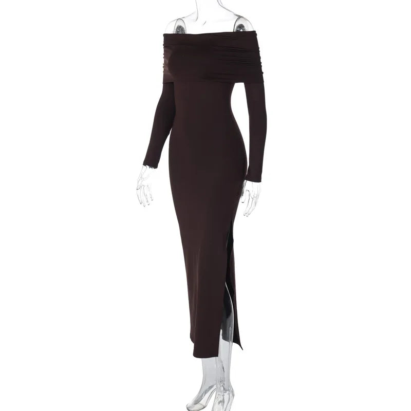 שמלת ערב מקסי בשילוב שסע וכתפיים חשופות - נטעלי