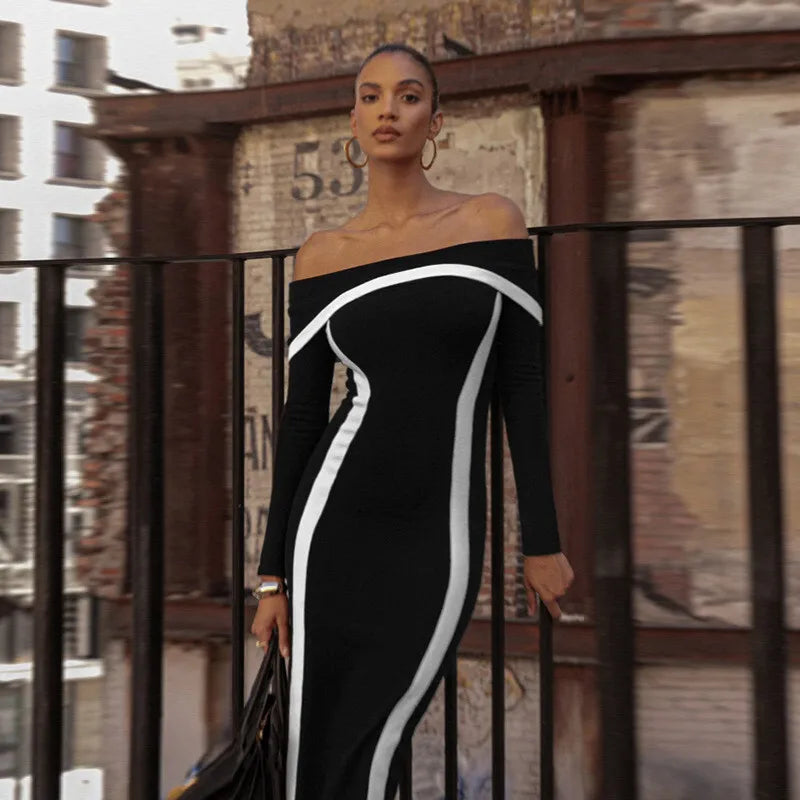 שמלת מקסי כתפיים חשופות בעיטור קווי מתאר - קייטי