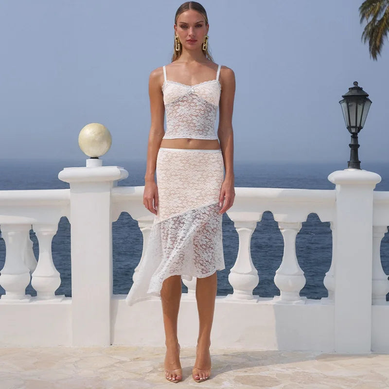 סט תחרה שני חלקים טופ גופיה וחצאית מידי - משי