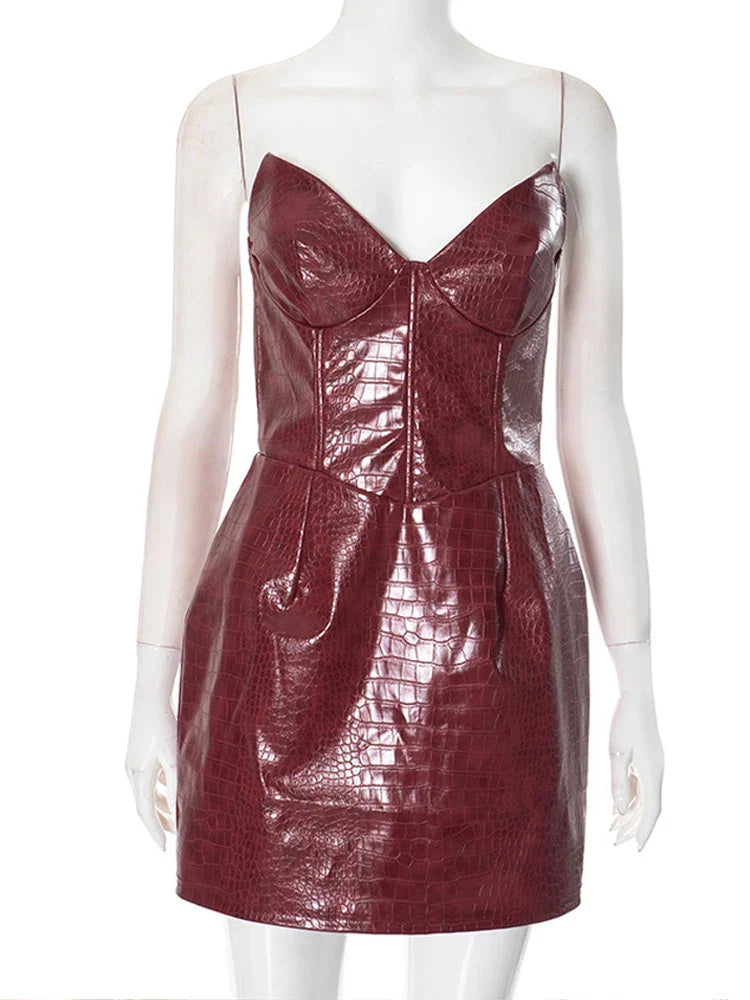 שמלת מיני סטרפלס דמוי עור מנוחש בעיצוב מחוך - Kailani