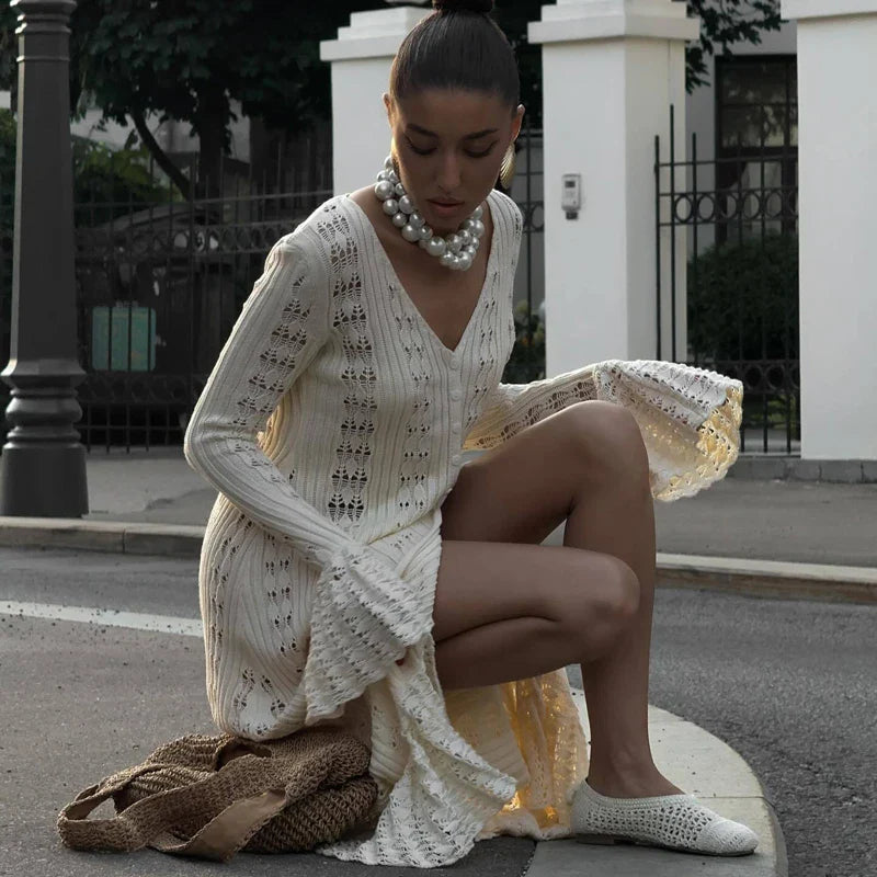 שמלת / עליונית מקסי קרושה סרוגה סגירת כפתורים - דוון