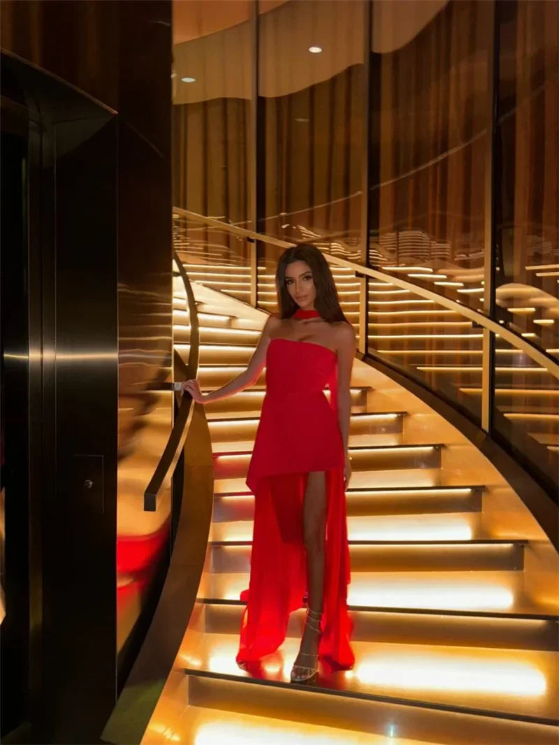 שמלת מקסי סטרפלס חלק תחתון שיפון בעיצוב שסע בעיטור צעיף תואם - Princess