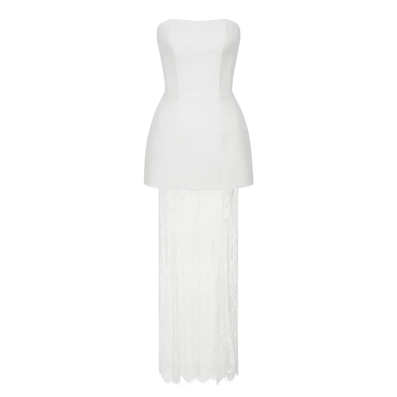 סט שני חלקים אלגנטי טופ סטרפלס וחצאית מקסי תחרה - ג'ולין