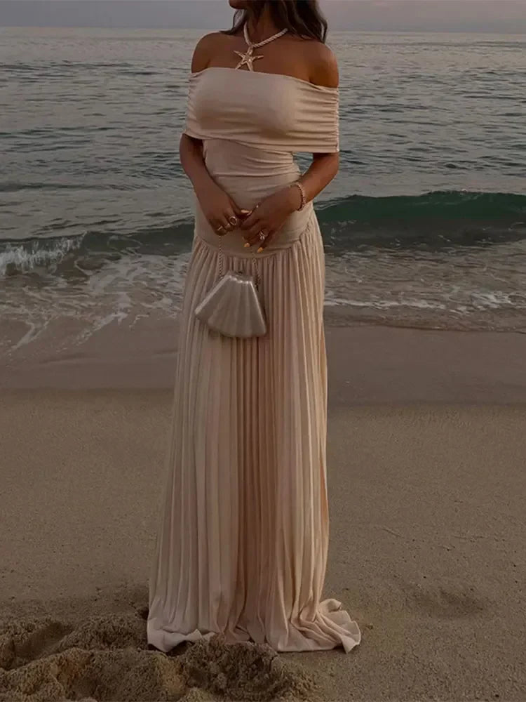 שמלת מקסי סרוגה כיווצים אלגנטית כתפיים חשופות - אלינור