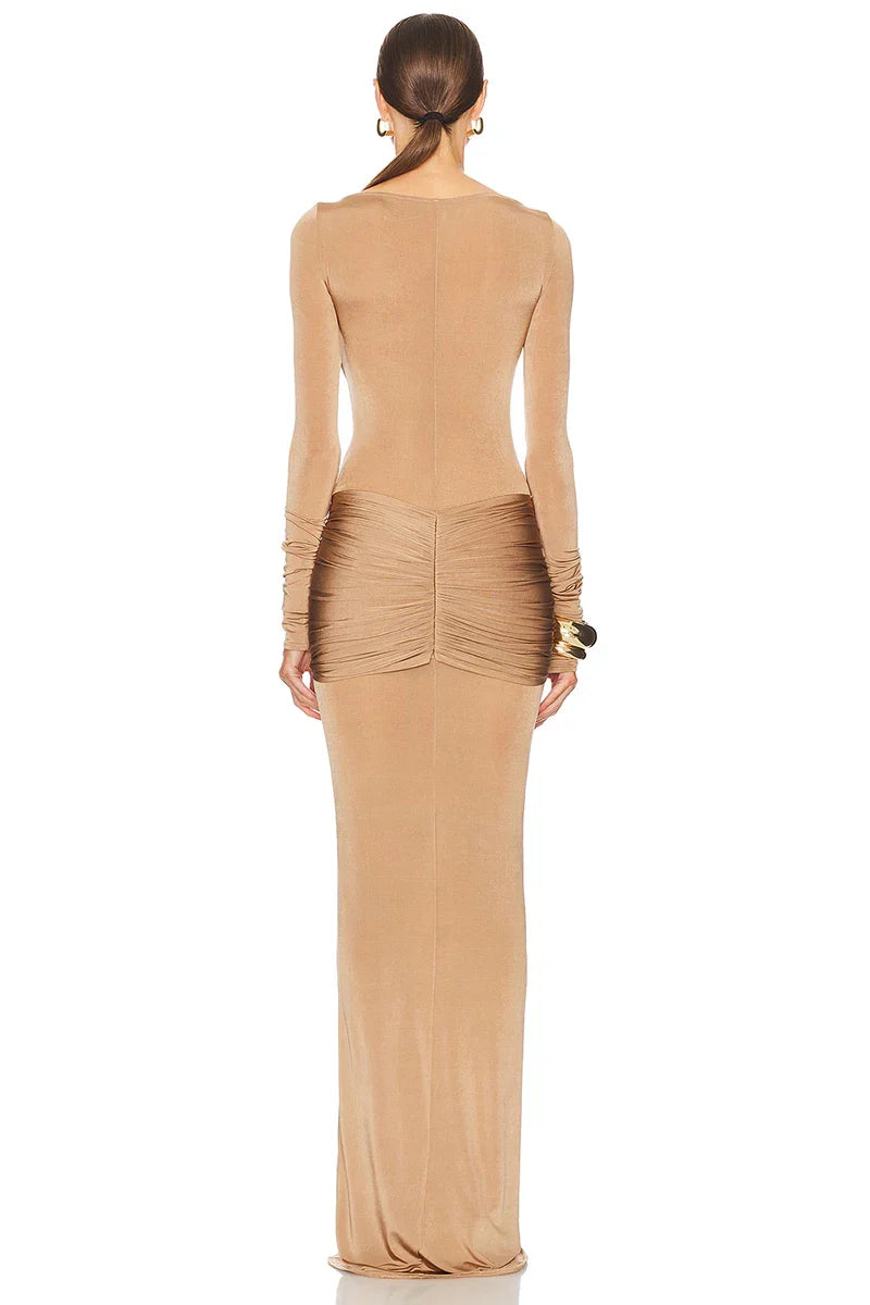 שמלת מקסי צמודה בעיצוב כיווצים בד מבריק - אורי