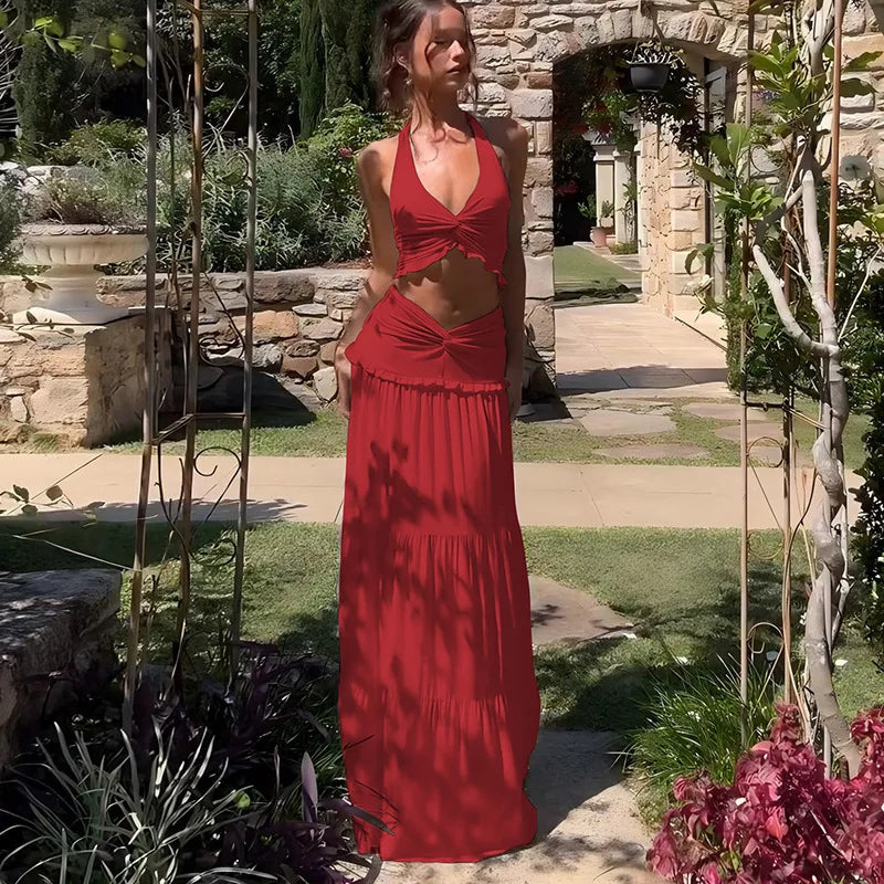 סט שני חלקים חצאית מקסי וטופ קשירה בצוואר - לורנזה