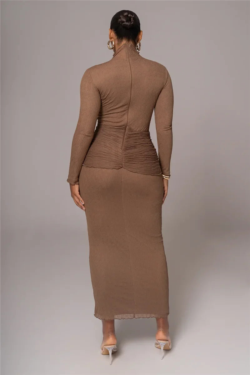 שמלת מקסי כיווצים בעיטור קשירה צווארון גולף - הלסי