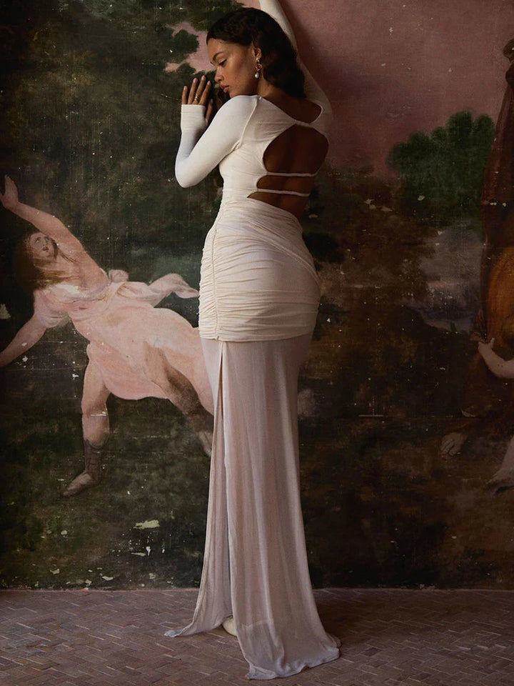 Open-back pleated mini dress with chiffon skirt - SARI