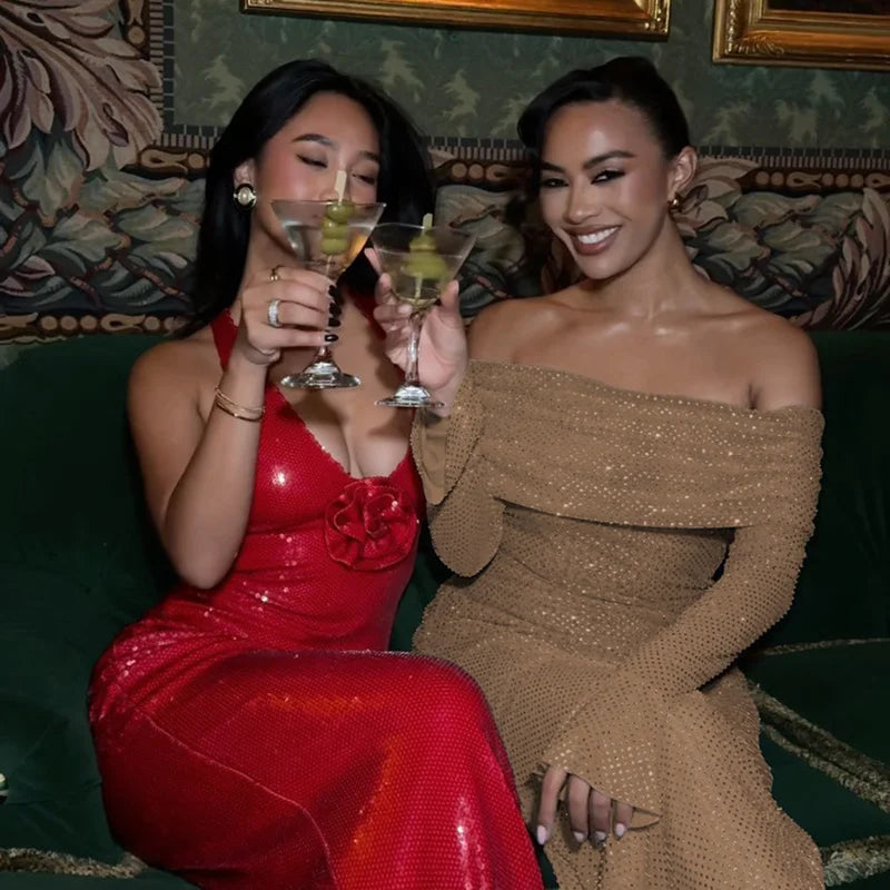 שמלת מקסי כתפיים חשופות בעיטור נקודות מנצנצות - LENA