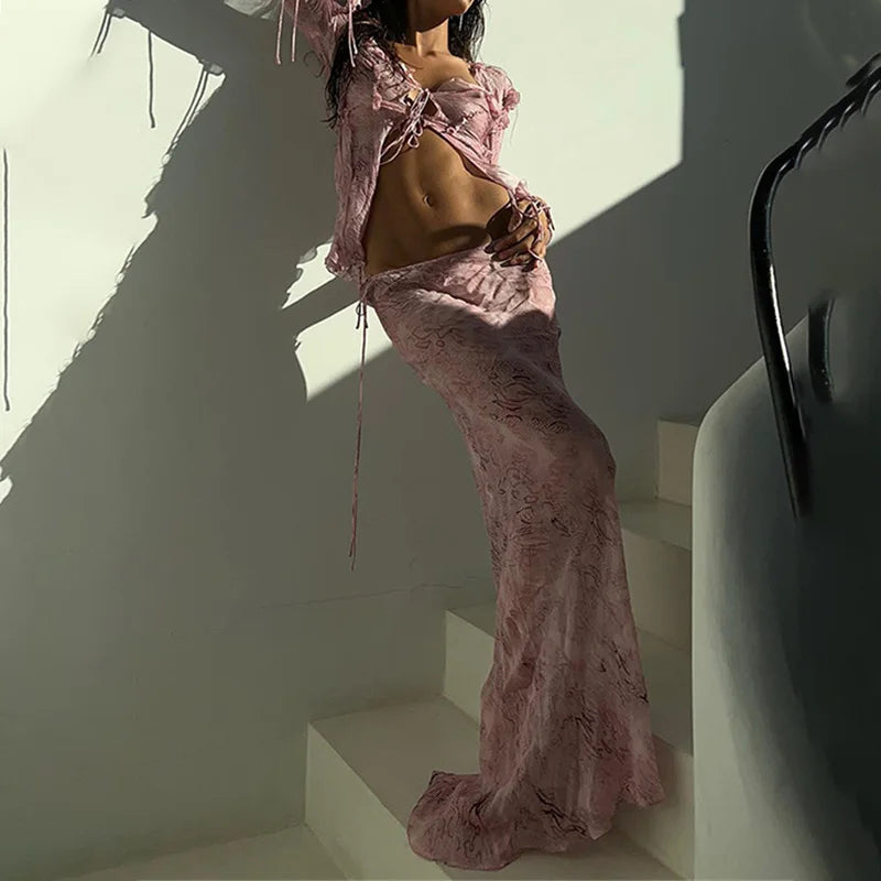 סט חוף שני חלקים חצאית מקסי וחולצת קשירה בעיטור מלמלה - זאמביה