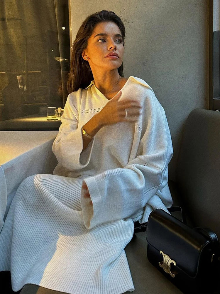 חליפת שני חלקים loose סרוגה חצאית מקסי וחולצה - שילב