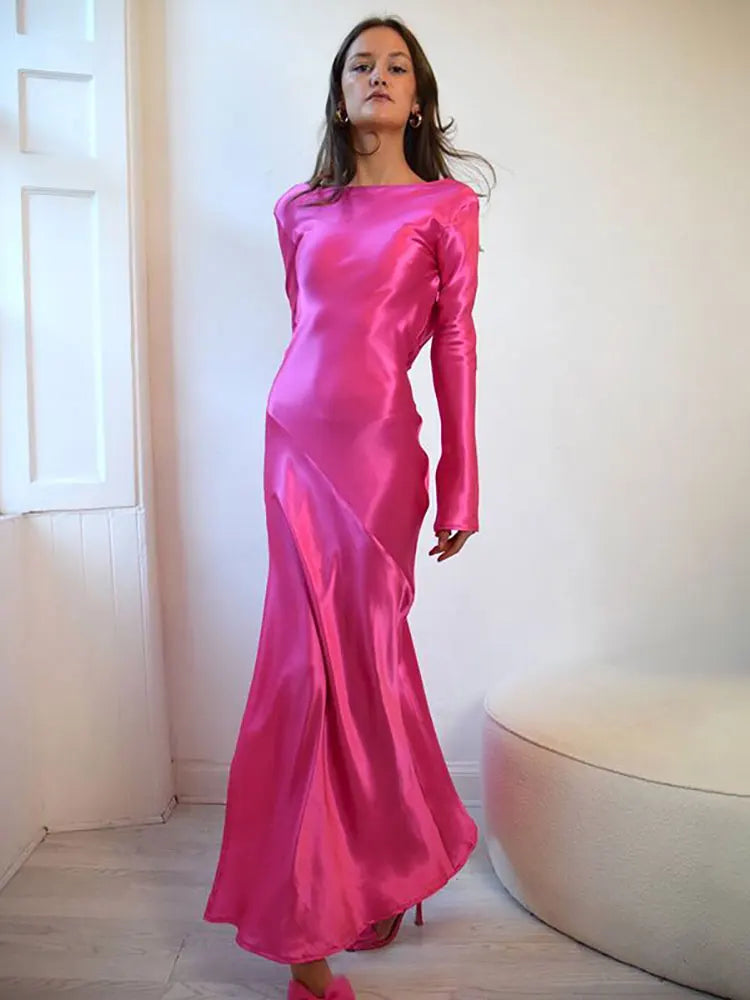 שמלת ערב מקסי סאטן גב פתוח בשילוב שסע ושרוולי פעמון  - מריאן