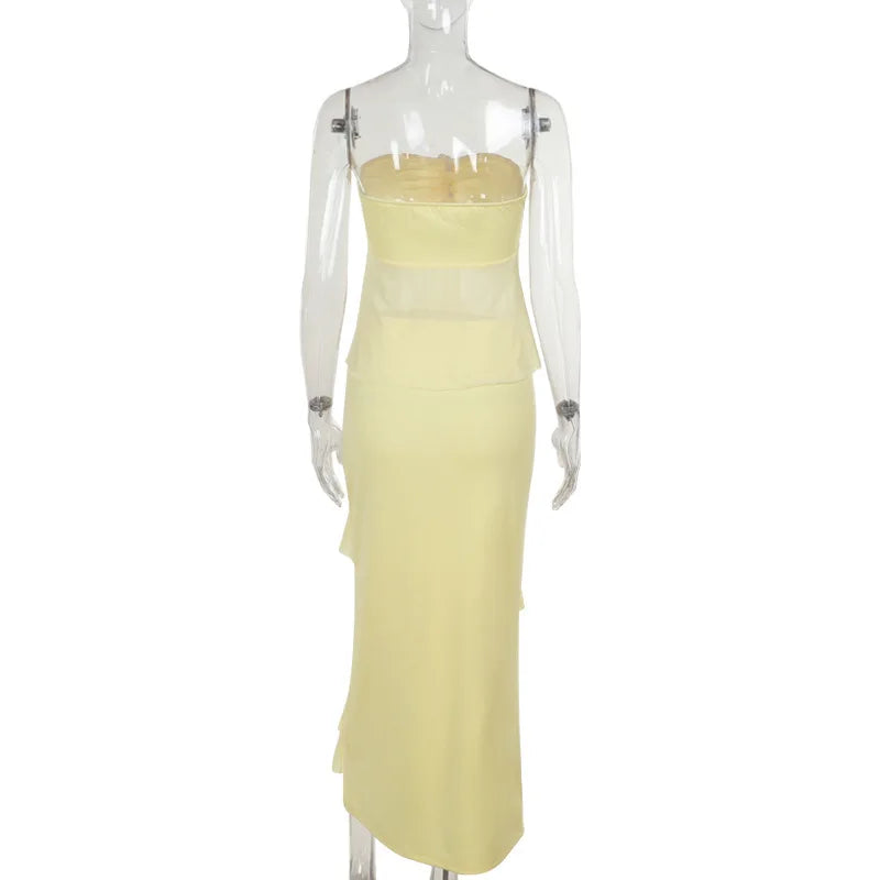 סט שני חלקים טופ סטרפלס וחצאית מקסי בעיטור מלמלה - סאני