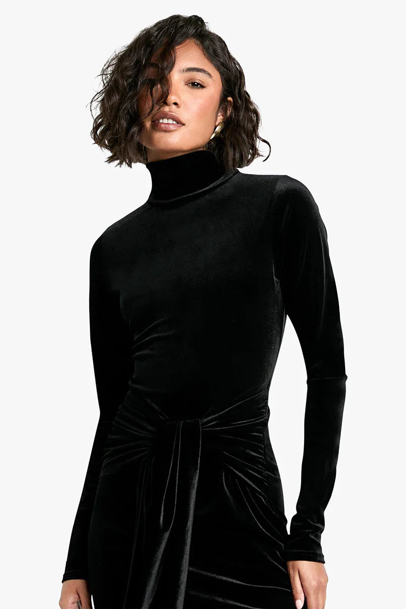 שמלת מקסי קטיפה צווארון גולף בעיצוב קשירה - קארינה