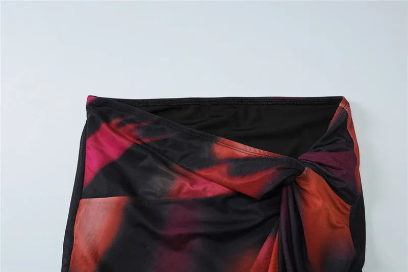 Two-piece set of mesh fabric with tie-dye design, top and maxi skirt with slit decoration - Florence