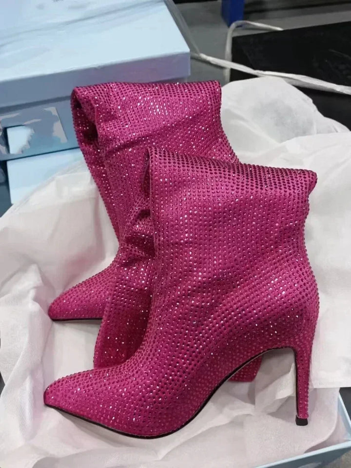 High-heeled pointed-toe boots with glittery rhinestones - Josie