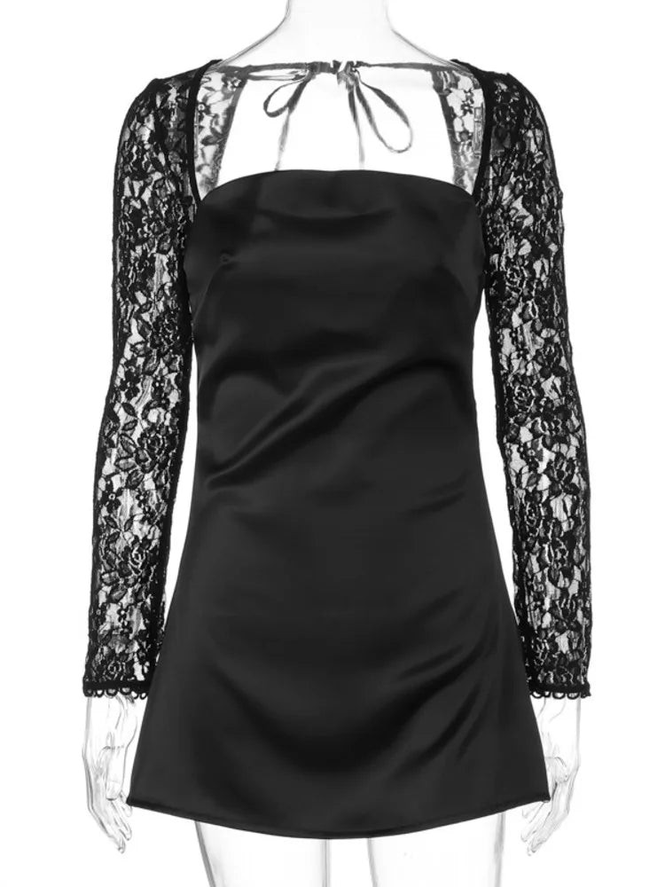 שמלת מיני סאטן שרוולי תחרה - פאר