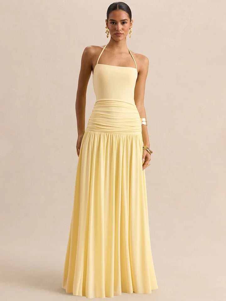 Pleated maxi dress with a neck tie and open back - Tuval