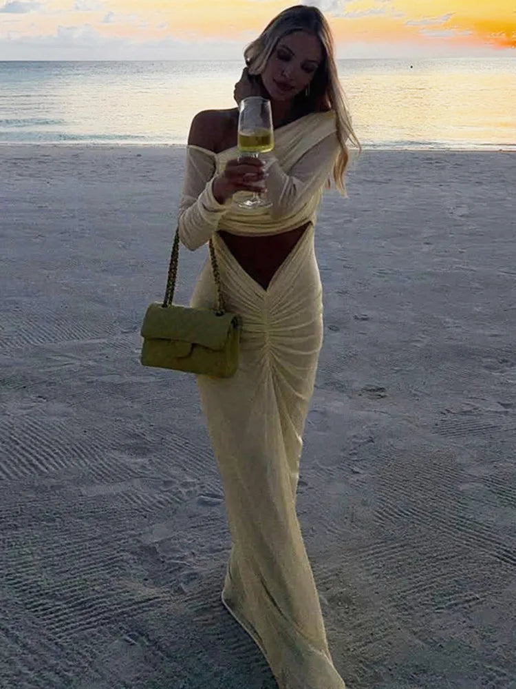 שמלת מקסי כיווצים בעיצוב פתח ושרוולי רשת כתפיים חשופות - אורה