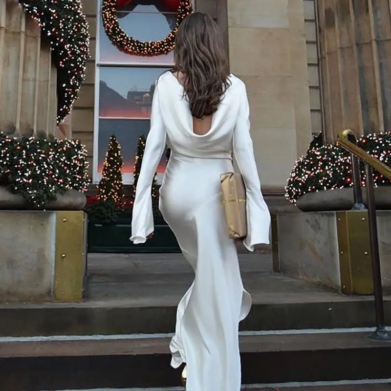 שמלת ערב מקסי סאטן גב פתוח בשילוב שסע ושרוולי פעמון  - מריאן