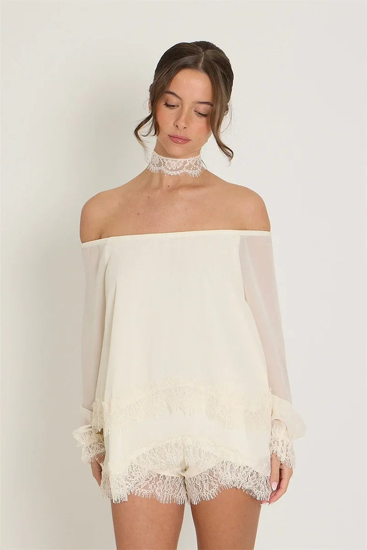 Off-the-shoulder mini dress with lace trim and matching shorts - Mali