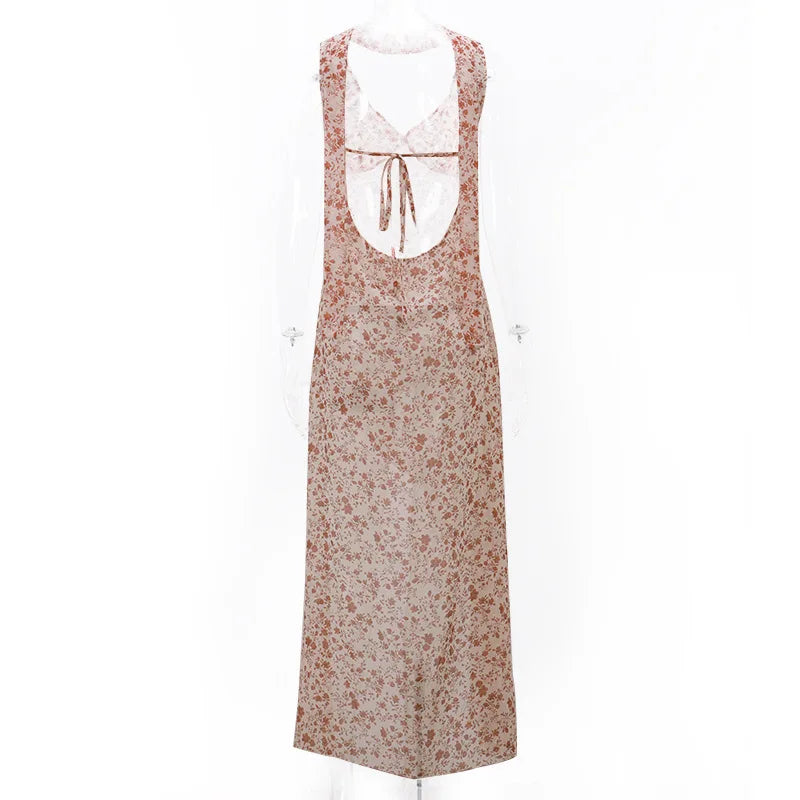 שמלת מקסי פרחונית גב פתוח שסע בתוספת צעיף - אליי