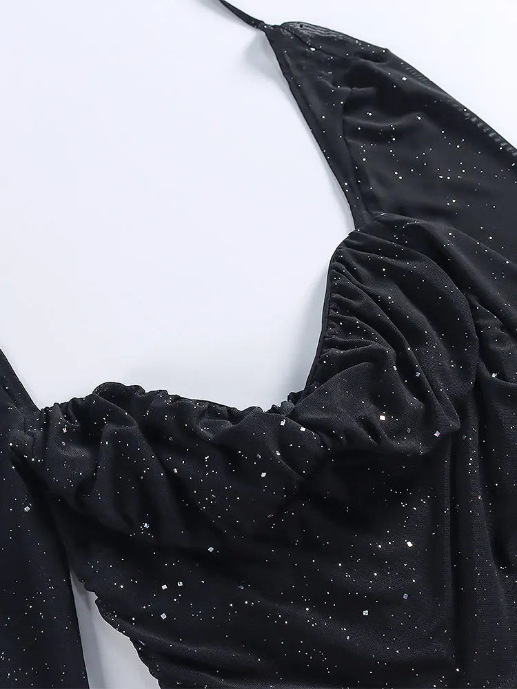 שמלת מיני נצנצים שרוולים בעיצוב רשת גב פתוח - סיסי