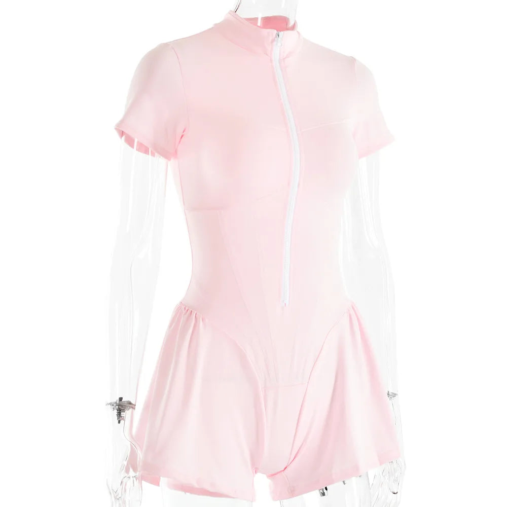 אוברול ספורטיבי קצר בגזר מחוך סגירת רוכסן קדמי - Averie