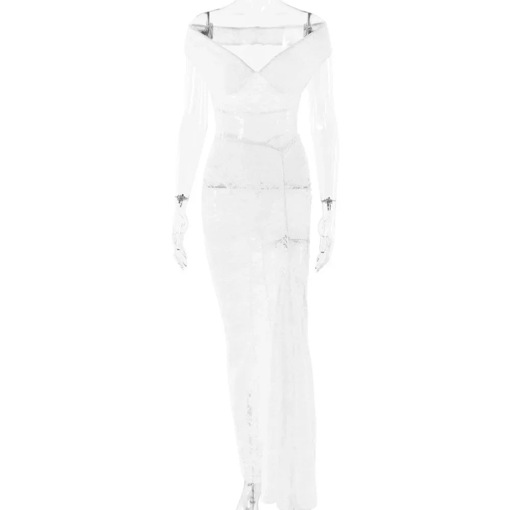 שמלת מקסי תחרה כתפיים חשופות בעיצוב שסע - אמיליאנה