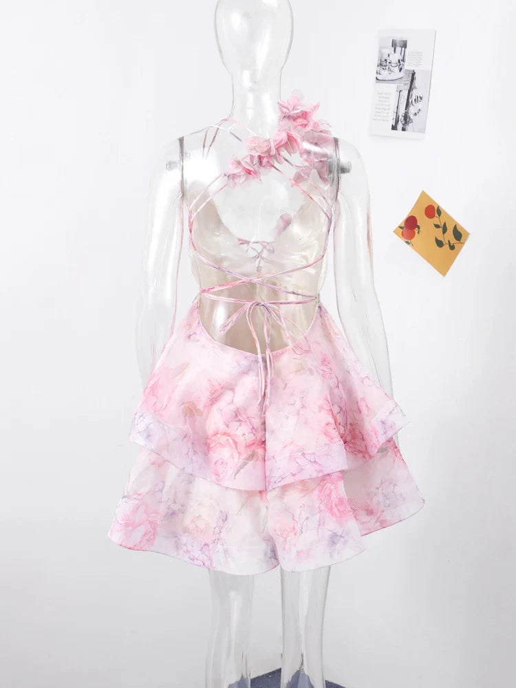3D Floral Design Tulle Mini Dress - Isabella