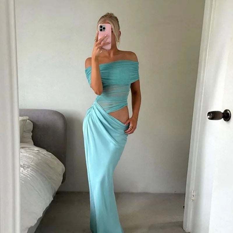 שמלת מקסי כיווצים בעיצוב רשת וכתפיים חשופות - קשת