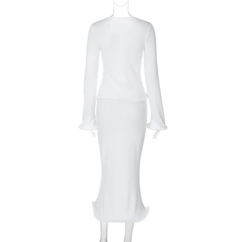 סט שני חלקים סרוג חולצה בסגירת כפתורים וחצאית מקסי - PARIS