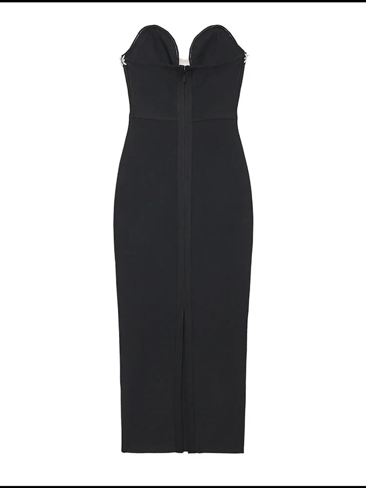 שמלת מקסי ערב אלגנטית בעיטור יהלומים בד מחטב ומחמיא - MARINA