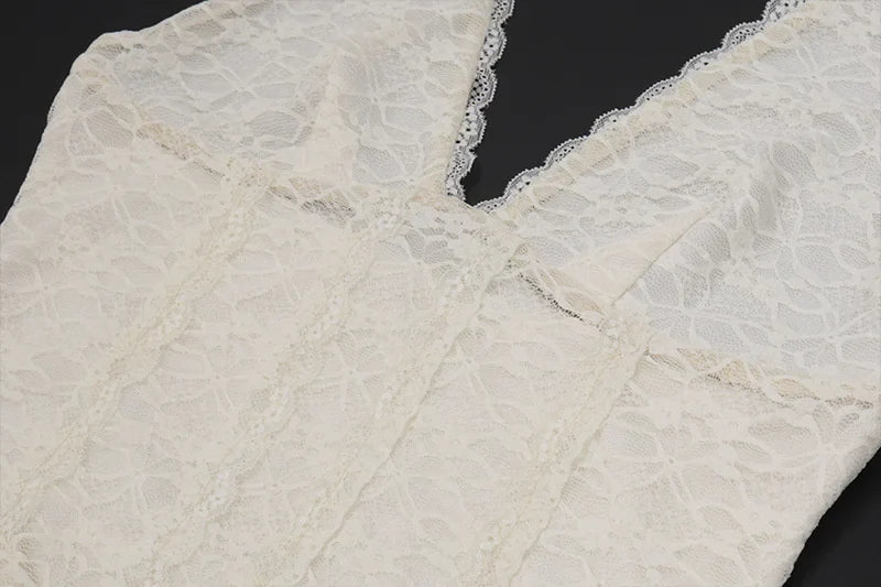 שמלת מקסי תחרה קשירה בצוואר גב פתוח - וונילה