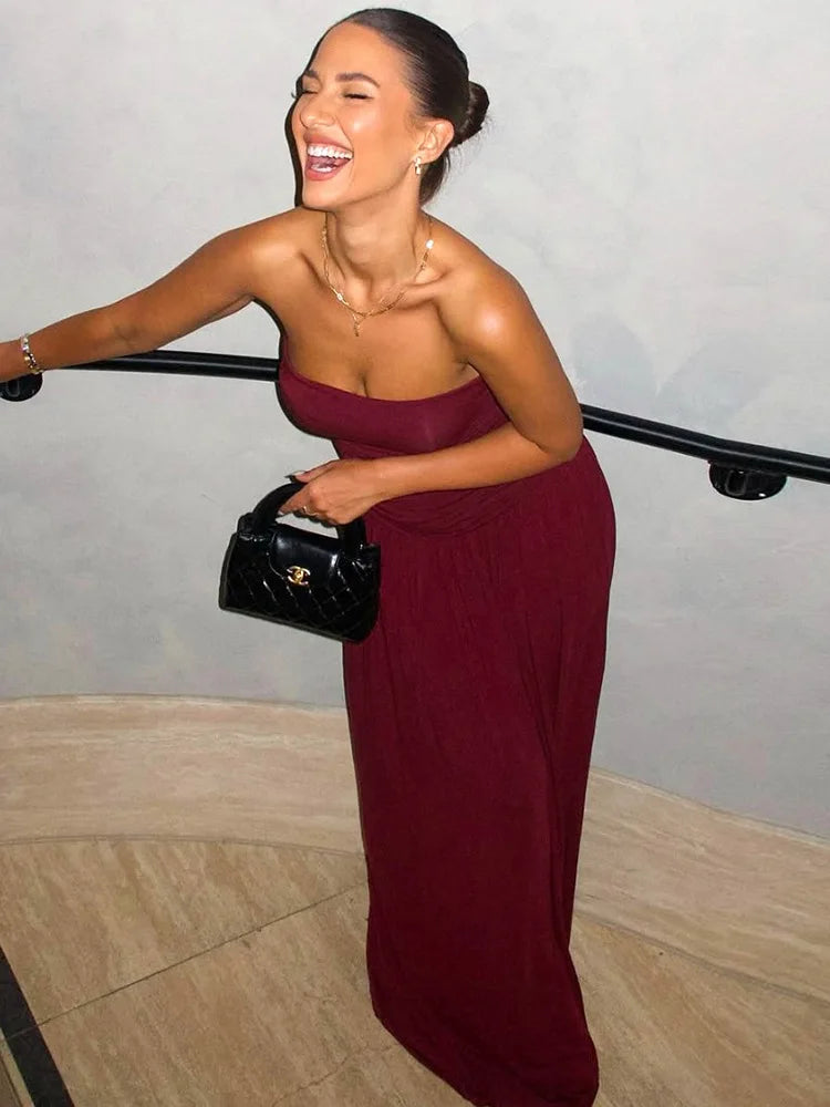 שמלת מקסי סטרפלס כיווצים - מייפל