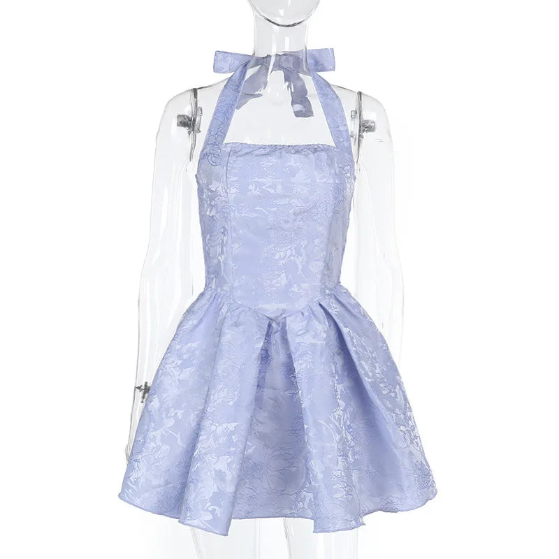 שמלת מיני בגזרת A בעיצוב רקמת איורי פרחים קשירה בצוואר - אל אריה